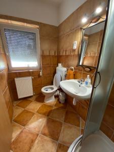 łazienka z toaletą, umywalką i oknem w obiekcie Luca Apartman w mieście Harkány