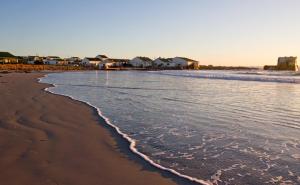 a beach with a group of houses and the ocean at DE SWARTE MOSSEL in Hondeklipbaai