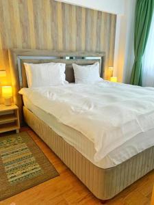 クルジュ・ナポカにあるBusiness Apartmentsの大型ベッド(白いシーツ、枕付)が備わるベッドルームです。
