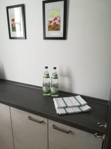 two bottles of water sitting on top of a counter at Apartment in ruhiger Wohnlage Sie sind in 3 Minuten am Trebbower See oder in 30 Minuten an der Ostsee in Klein Trebbow