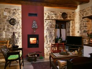 sala de estar con paredes rojas y chimenea en Το Πέτρινο της Γιαγιάς Μαρίκας en Karpenision