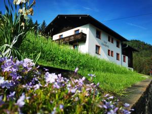a building on a hill with flowers in the foreground at Haus Gamssprung in Steinberg am Rofan