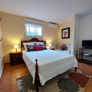 een slaapkamer met een groot bed en een televisie bij Manta Guest - Bed & Breakfast in Manta Rota