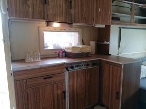 a small kitchen with a stove and a window at GLAMPING HOUSE RANČ LUŽE in Luže