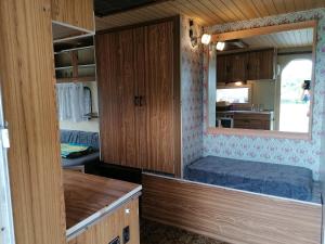 einen Blick auf einen Wohnwagen mit Spiegel in der Unterkunft GLAMPING HOUSE RANČ LUŽE in Luže