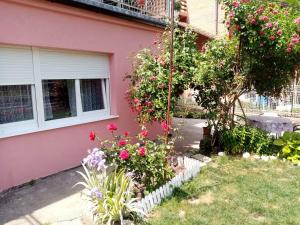 uma casa cor-de-rosa com flores num quintal em Apartman Vesna em Ovcar Banja