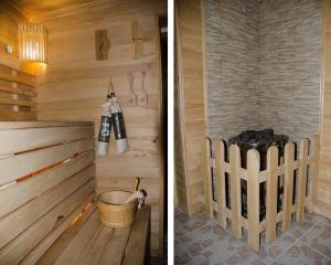 una sauna con parete in legno e secchio di Autopapa a Rustavi Altre 37 foto