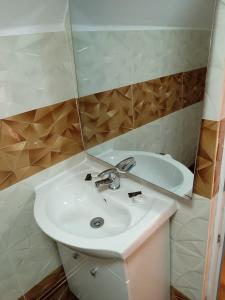 a bathroom with a sink and a mirror at HANUL VANATORULUI in Gura Humorului