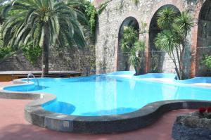 a large swimming pool with blue water and palm trees at Appartamento Monolocale Moneglia 34 in Moneglia