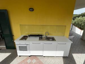 cocina con fregadero y pared amarilla en Casa Sergio, en Colonnella