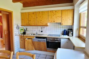 a kitchen with wooden cabinets and a sink at Natur-Ferienpark in Nieheim