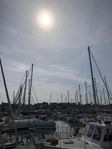 Un montón de barcos estacionados en un puerto deportivo con el sol en el cielo en Kervig House, en Paimpol