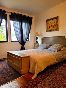 ein Schlafzimmer mit einem großen Bett und zwei Fenstern in der Unterkunft Le Clos Montrichard in Montrichard