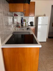 a kitchen with a sink and a white refrigerator at Makenzy Apartment in Larnaka