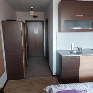 baño con lavabo y puerta que da a un pasillo en Комплекс Александьр между Банско и село Бяня, en Bansko