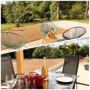 dos fotos de una mesa con una botella de vino en Le Chalet de la Mûre, en Bongheat