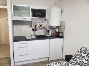 una pequeña cocina con armarios blancos y fregadero en JOLI PETIT STUDIO AU CENTRE DE CARRY LE ROUET, en Carry-le-Rouet