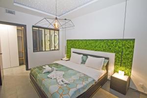 尼斯的住宿－Luxury Garden Jacuzzi Promenade，一间卧室配有一张带绿色墙壁的床
