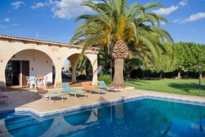 una villa con una palma e una piscina di Villa S'Hortal a Ciutadella