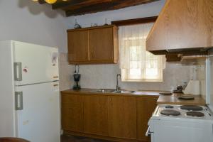 a kitchen with wooden cabinets and a white refrigerator at XALAKAS SUMMER HOUSE in Empourios