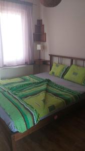 バラトンレッレにあるApartment in Balatonlelle 34439のベッドルーム1室(ベッド2台、緑のシーツ、窓付)
