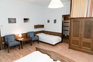 米特爾巴赫的住宿－Gasthof Filzwieser，一间医院房间,配有床和两把椅子以及一张桌子