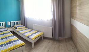 two beds in a small room with a window at APARTAMENT OSTROWO 1 in Ostrowo