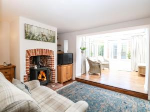 a living room with a couch and a fireplace at 1 Chelsea Cottage in North Elmham