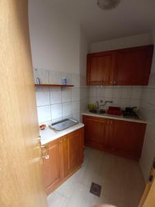 a small kitchen with wooden cabinets and a sink at Apartment Aida in Visoko