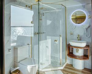 RönnauHausboot mit Traumlage in Lübeck-Travemünde的带淋浴、马桶和水槽的浴室