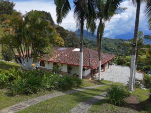 a house with palm trees and a mountain in the background at Finca la Isabella in Fredonia