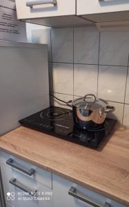 a pot on top of a stove in a kitchen at Hársfaapartman és vendégház in Gyula