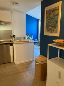 a kitchen with blue walls and a counter top at La Rochelle Gabut Vieux Port superbe emplacement in La Rochelle