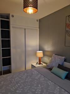 a bedroom with a bed and a lamp on a table at Le balcon de la basse centre ville de Perpignan in Perpignan