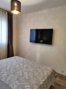 a bedroom with a bed and a flat screen tv on the wall at Le balcon de la basse centre ville de Perpignan in Perpignan