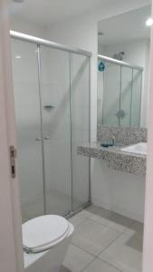 La salle de bains est pourvue de toilettes, d'une douche et d'un lavabo. dans l'établissement Apartamento San Diego Pampulha Propriedade Particular, à Belo Horizonte