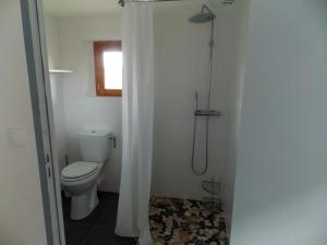 een badkamer met een toilet en een douchegordijn bij Camping du Petit Gué du Roi in Cléry-Saint-André