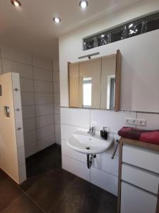 y baño con lavabo y espejo. en Ferienwohnung am Minoritenhof, en Sinzing