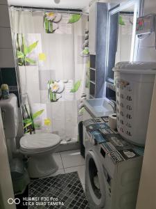 uma casa de banho com um WC e uma máquina de lavar roupa em Center Struga Apartment em Struga