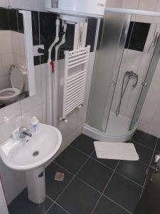 y baño con lavabo, ducha y aseo. en Hotel Babilon, en Bucarest