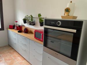 eine Küche mit einer Arbeitsplatte und einer Mikrowelle in der Unterkunft Appartement spacieux et lumineux Calanques Sormiou in Marseille