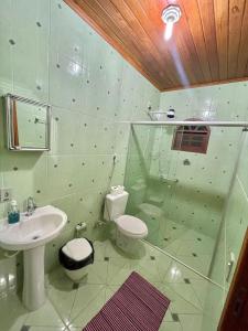 ein Bad mit einem Waschbecken, einem WC und einer Dusche in der Unterkunft Pouso da Paz in Tiradentes