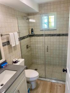 a bathroom with a toilet and a glass shower at La Calma - Chatham Grove, Unit 2 in Montego Bay
