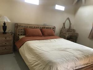1 dormitorio con cama, tocador y espejo en Arsa Homestay & Spa, en Ubud