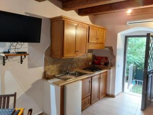 a kitchen with wooden cabinets and a sink at Casa Vittoria in Calcata