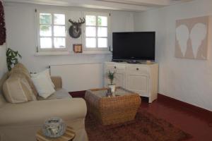 a living room with a couch and a flat screen tv at Die kleine Villa OLEFant im historischen Ortskern von Schleiden-Olef in Schleiden