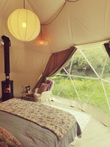 斯萊戈的住宿－Teapot Lane Glamping - Adults only，帐篷内的卧室,配有一张床和椅子