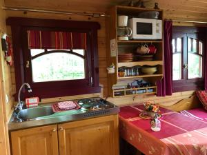 cocina con fregadero, ventana y encimera en Gite Insolite "La Roulotte des Elfes", Au Milieu de Nulle Part, en Outines