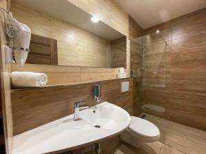 a bathroom with a sink and a toilet and a shower at Totina Apartments in Závažná Poruba