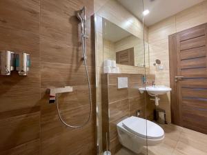 a bathroom with a shower and a toilet and a sink at Totina Apartments in Závažná Poruba